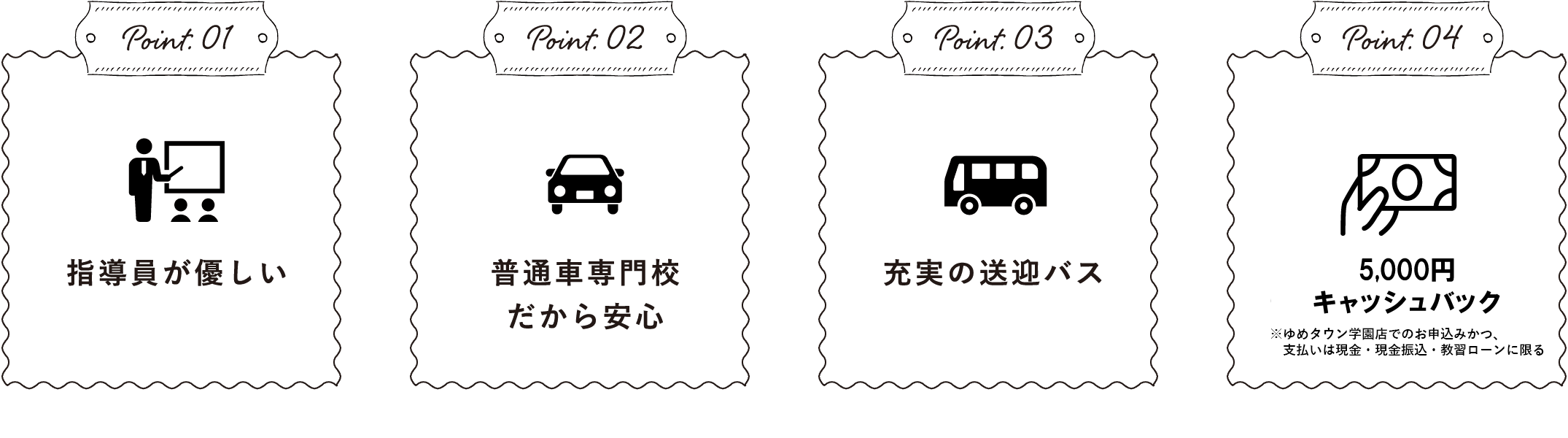 Point.01指導員が優しいPoint.02普通⾞専⾨校だから安⼼Point.03充実の送迎バスPoint.045000円キャッシュバック※